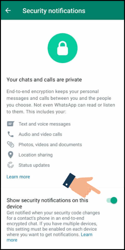 how to turn on security notification on whatsapp